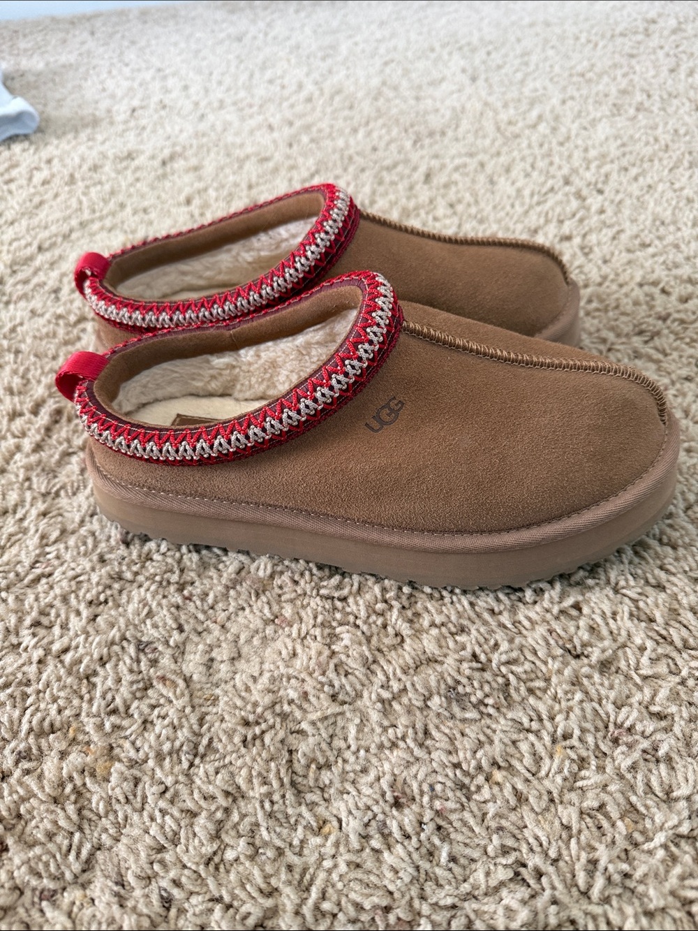 UGG Chestnut Suede Mule Slippers with Red Accent